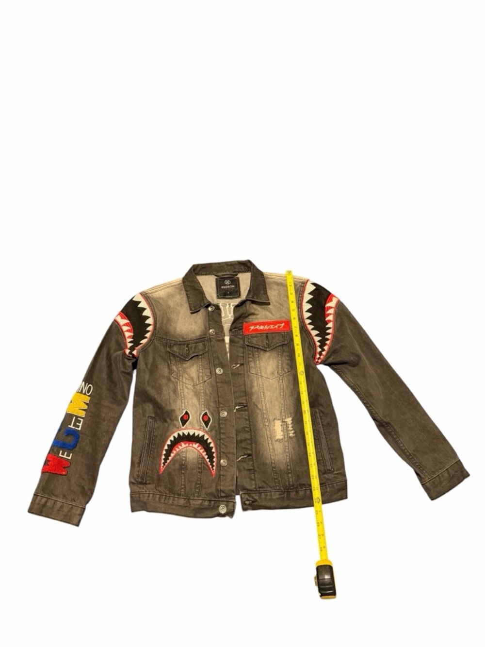 Hudson Jeans black men Denim Jacket with Shark Patch Accents, pre-owned, - Picture 12 of 13